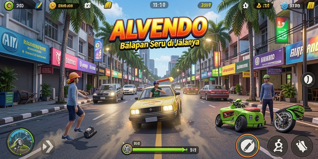 Gameplay ALVENDO menampilkan mobil balap di lintasan yang menegangkan.