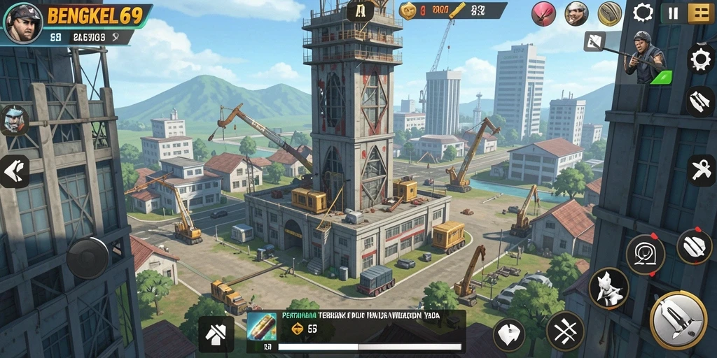 Tangkapan layar BENGKEL69 menampilkan pertempuran seru dalam Tower Defense.