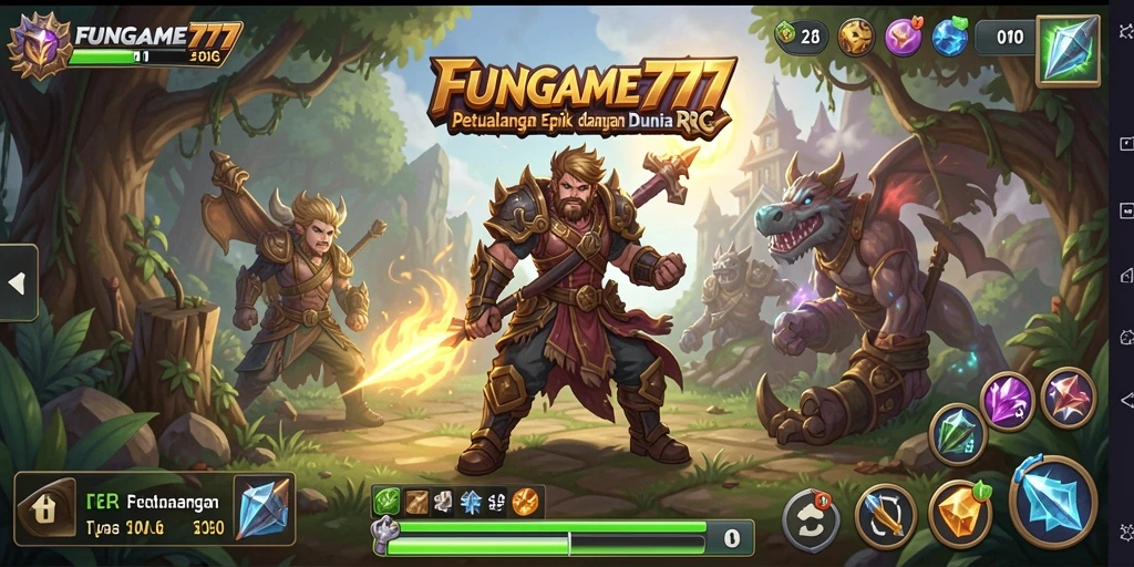 Tangkapan layar dari FUNGAME777 menampilkan aksi seru dalam pertarungan RPG.