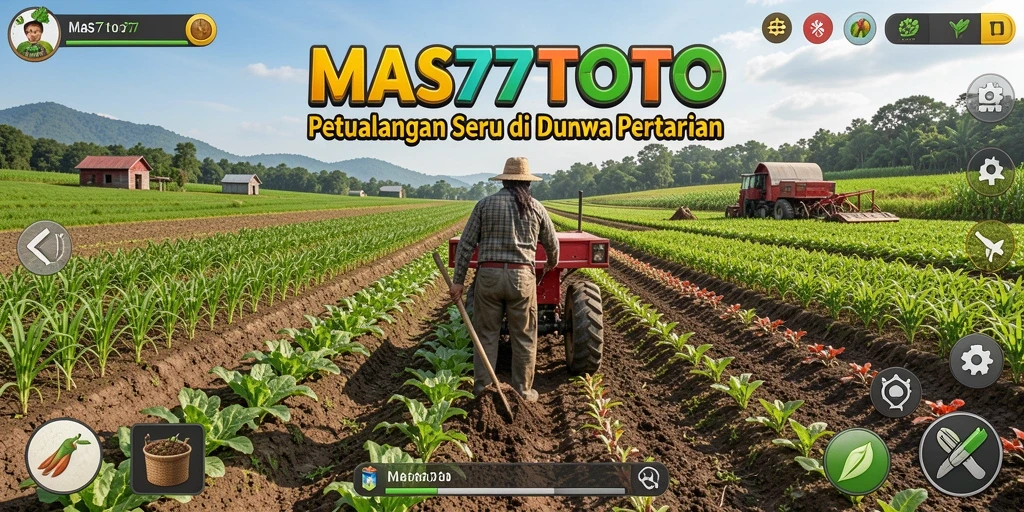 Tangkapan layar gameplay MAS77TOTO dengan ladang subur dan hewan peliharaan.