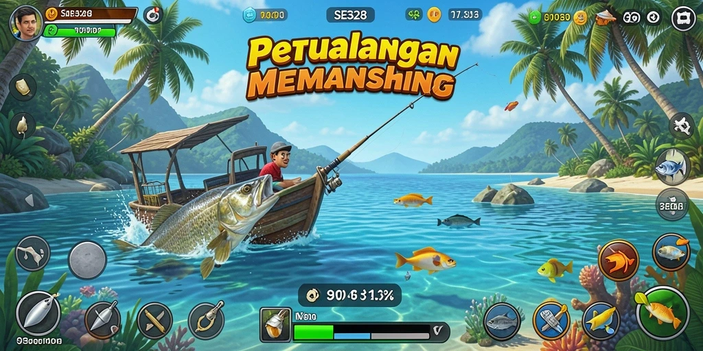 Screenshot gameplay SE328 dengan pemandangan memancing yang menakjubkan.