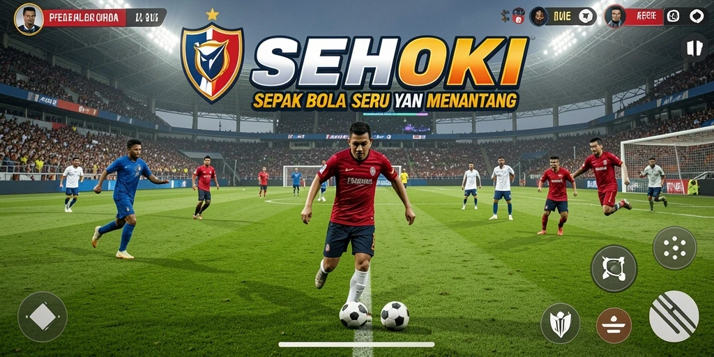 Screenshot permainan SEHOKI yang menampilkan aksi sepak bola seru.